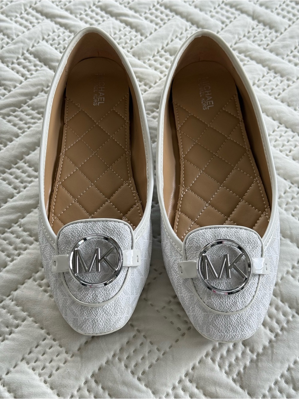 Michael Kors White Quilted MK Logo Loafers